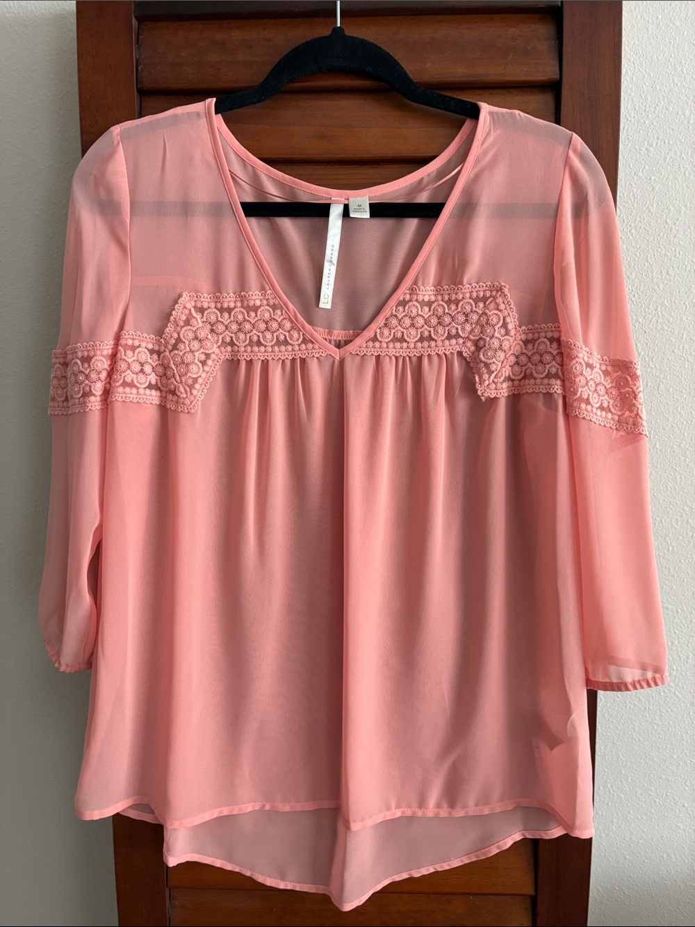 LC Lauren Conrad Coral Crochet-Trim V-Neck Blouse